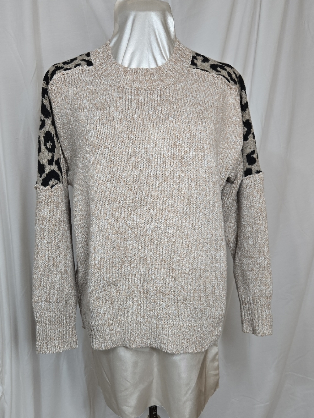 Beige Crewneck Sweater with Black Leopard-Print Shoulder Panels